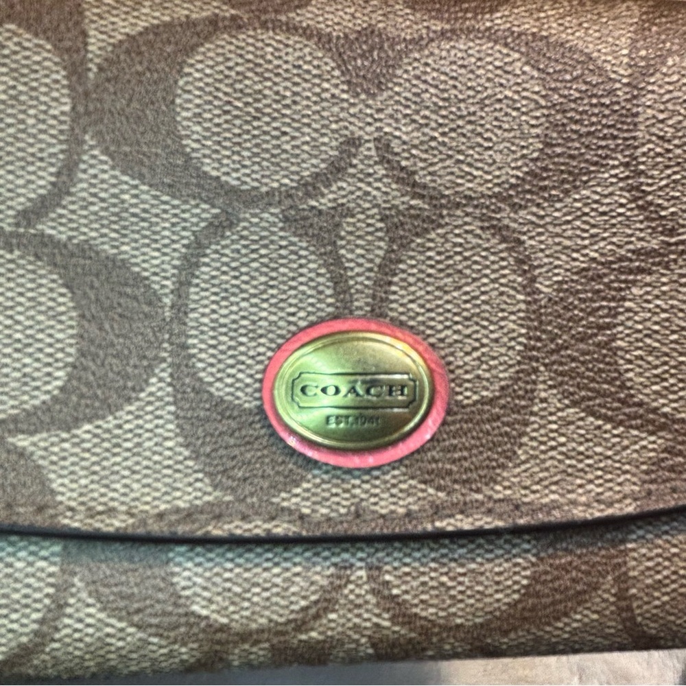 COACH Peyton Signature Slim Envelope Wallet Khaki Tan Coral Pink Canvas Leather - Picture 10 of 16